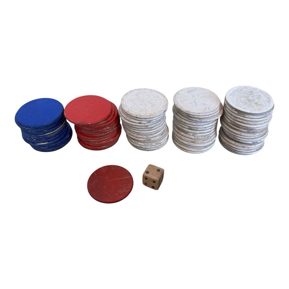 70 Vintage Pressed Paper Poker Chips Red Blue White Embossed Card Composition